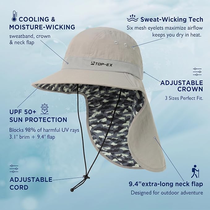 TOP-EX Cooling Sun Hat with Neck Flap – UPF 50+ Wide Brim Breathable Hat for Hiking, Fishing & Big Heads