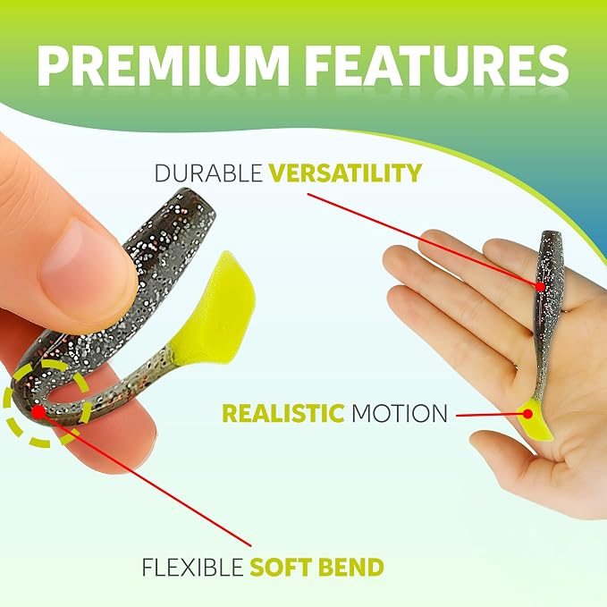 Soft Plastic Paddle Tail Swimbaits Pack of 12 – 3 1/4" & 4" Soft Plastic Fishing Lures with Extra-Large Tail for Lifelike Swimming Action – Freshwater & Saltwater