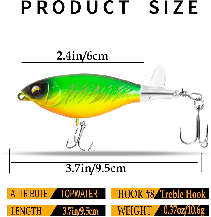 5Pcs Topwater Fishing Lures with Bait Box, Whopper Popper with Rotating Tail Treble Hooks, Plopper Floating Lure for Bass Crappie Walleye Catfish Pike Perch, Freshwater or Saltwater