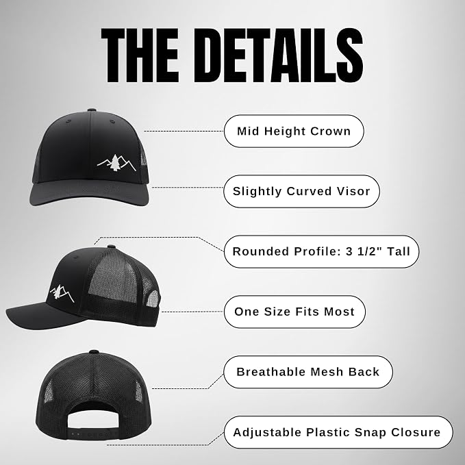 LINDO Trucker Hat [ Great Outdoors Design ] for Men and Women: Mid Profile Cap with Breathable Mesh Back and Adjustable Snap