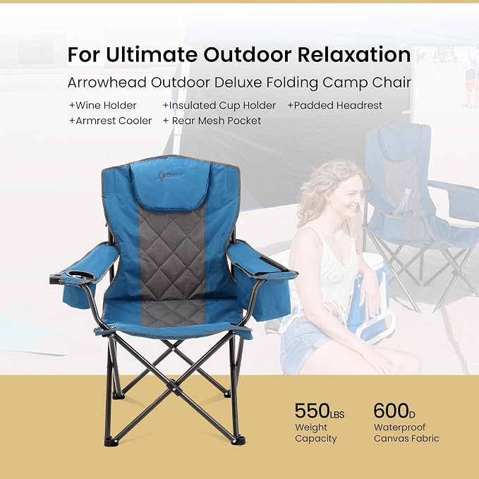 ARROWHEAD OUTDOOR Portable Deluxe Folding Camp Quad Chair w/Headrest, Glass & Cup Holders, Armest 6-can Cooler, Heavy Duty Carry Bag, 550 lbs Weight Capacity