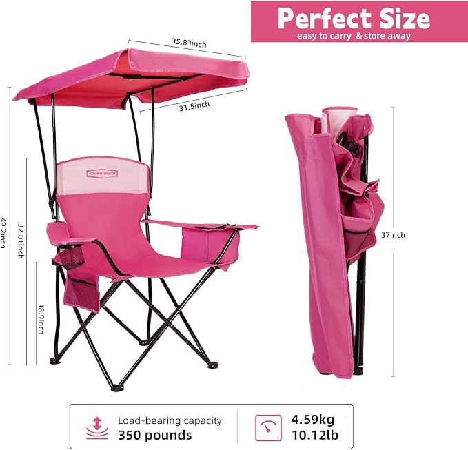 YoungWood Camping Chair with Canopy, Beach Chair with Shade,Portable,Lightweight Oversized for All, Easy to Open and Close Without Installation, Side Pocket,cooling bag Design for All Activities,Pink