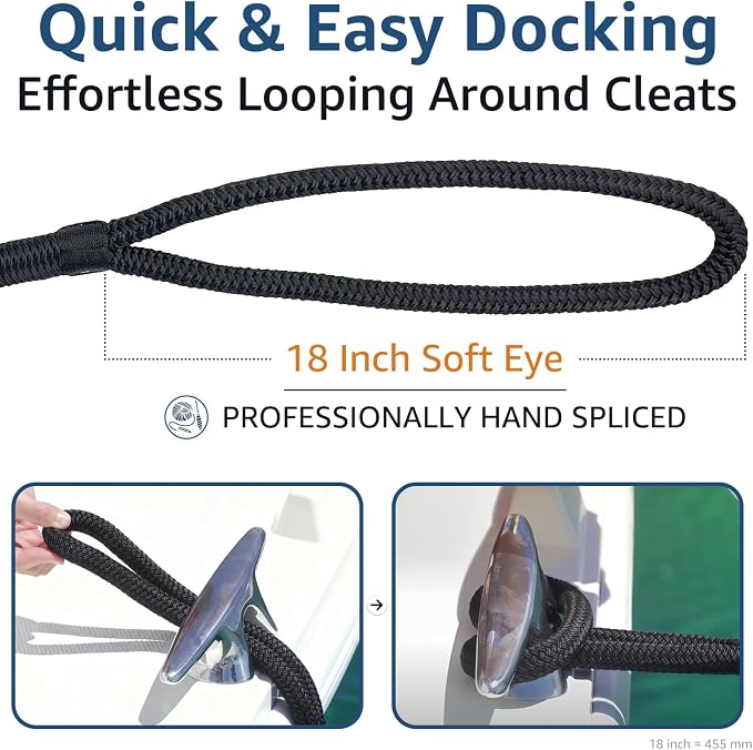 2 Pack 3/4" x 30' Dock Lines - Marine Grade Nylon Boat Rope with 18" Loop for Docking and Mooring - Double Braided Boat Lines, High Strength, Easy Handling, Heavy Duty, Fray Resistant - Black