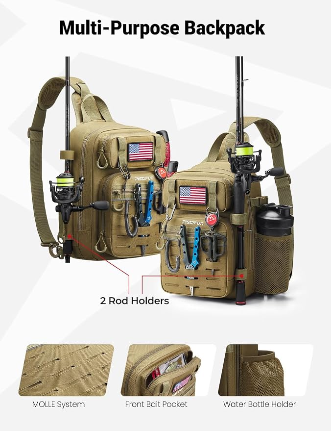 Piscifun Fishing Backpack Tackle Bag with 2 Rod Holders, Multi-Compartment Storage, MOLLE System, Water-Resistant Lightweight Outdoor Pack