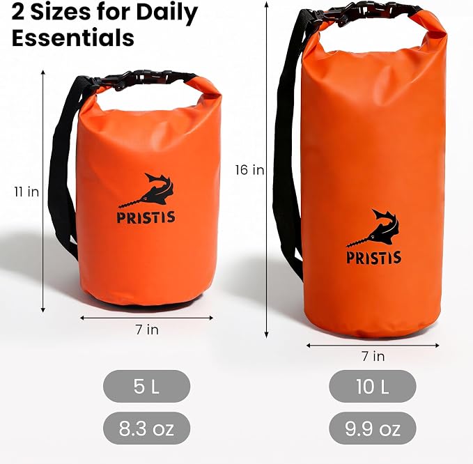 Pristis 10L Waterproof Dry Bag, Heavy-Duty Roll Top Dry Storage Backpack for Outdoor Boating Kayaking Fishing Rafting Camping, Lightweight Floating Kayak Sack Gear Accessory for Men Women, Orange
