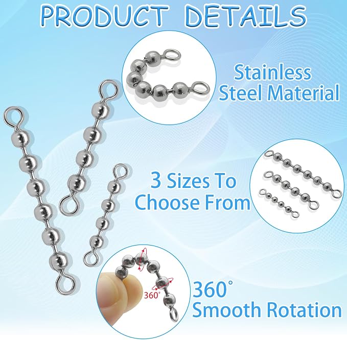 20 Pack Fishing Bead Chain Swivels High-Speed Trolling Swivels Stainless Steel Catfish Swivels Fishing Tackle Rig Fishing Gear Freshwater Saltwater Salmon Walleye