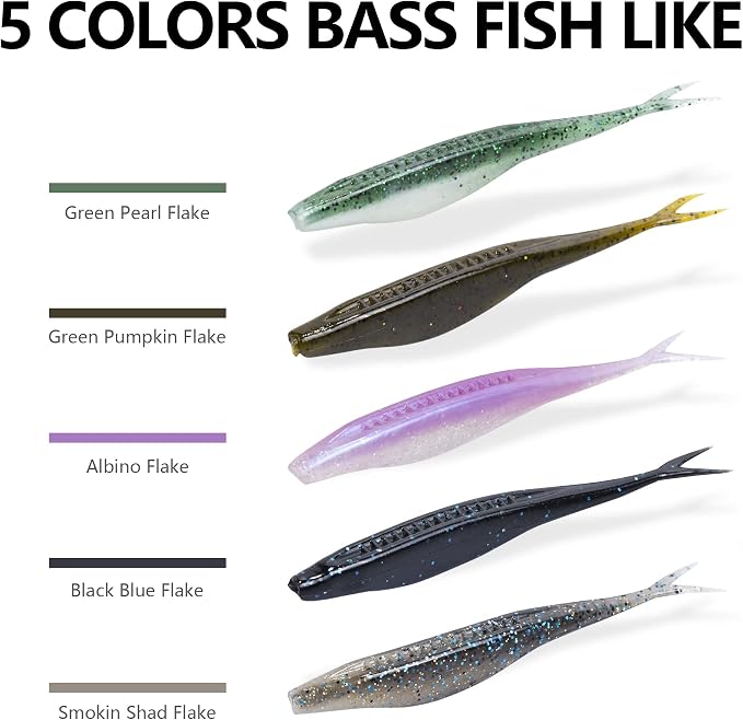 Fishing Bait Soft Plastic Lures 30/50 Pcs, Weighted Hooks 10 Pack & 40-Piece Set, 4in/5in Salty Split Tail Jerk Shad, 3/0 4/0 5/0 Weedless Swimbait Hook for Bass Fishing