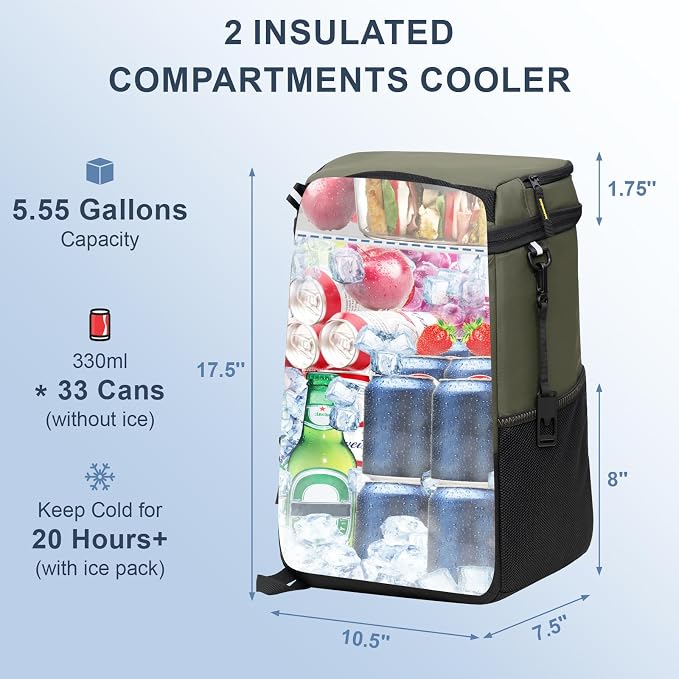 SPARTER Backpack Cooler Insulated Leak Proof 33/49 Cans, 2 Insulated Compartments Thermal Bag, Portable Lightweight Beach Travel Camping Lunch Backpack for Men and Women
