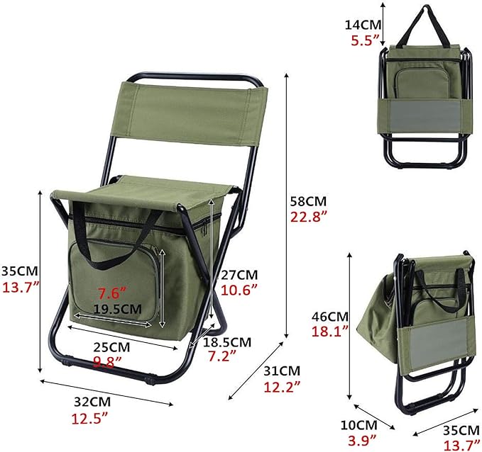 Foldable Fishing Chair with Cooler Bag, 3 in 1 Backpack Cooler Chair with Backrest, Lightweight Insulated Portable Fishing Chair for Fishing Hunting Hiking Travel