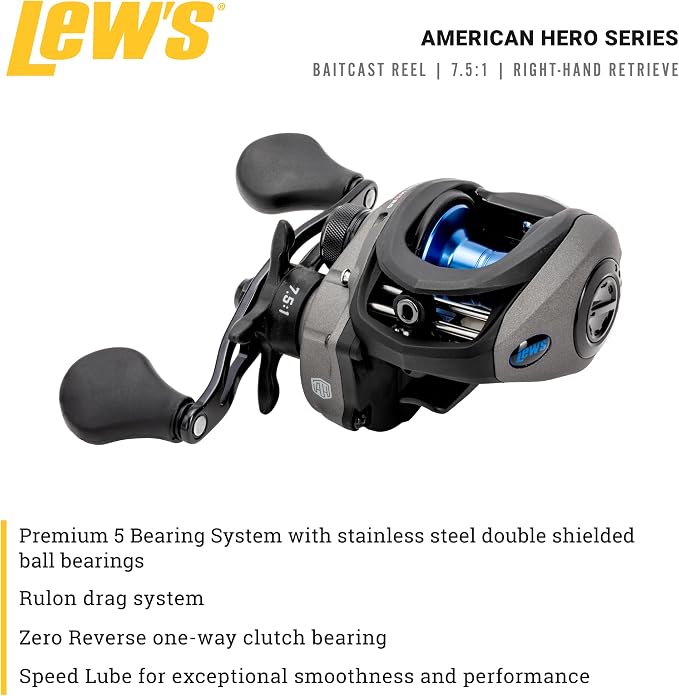 Lew's American Hero Baitcast Fishing Reel, 4+1 Bearings, 7.5:1 Gear Ratio, Graphite Frame, Speed Gears, Magnetic Control System
