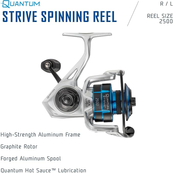 Quantum Strive Spinning Fishing Reel, Rigid Aluminum Frame, Graphite Rotor, Sealed Design, CFX200 Carbon Fiber Xtreme Drag, Silver/Blue