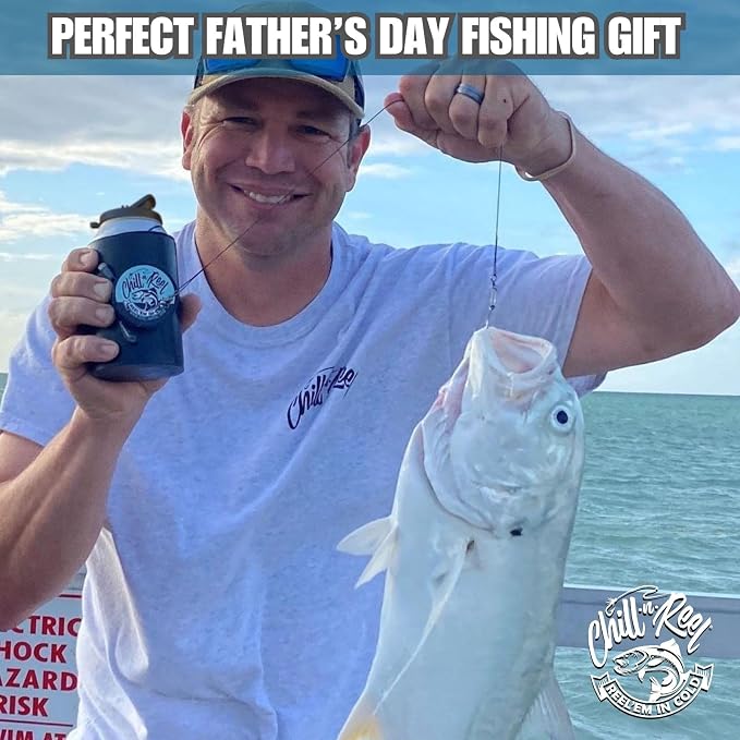 Made in USA | Fishing Can Cooler from Shark Tank | Hard Shell Drink Holder with Hand Line Reel | Fits Most Can Sleeves or Coozies | Unique Fishing Gift for Men | Retail Box Packaging | Black