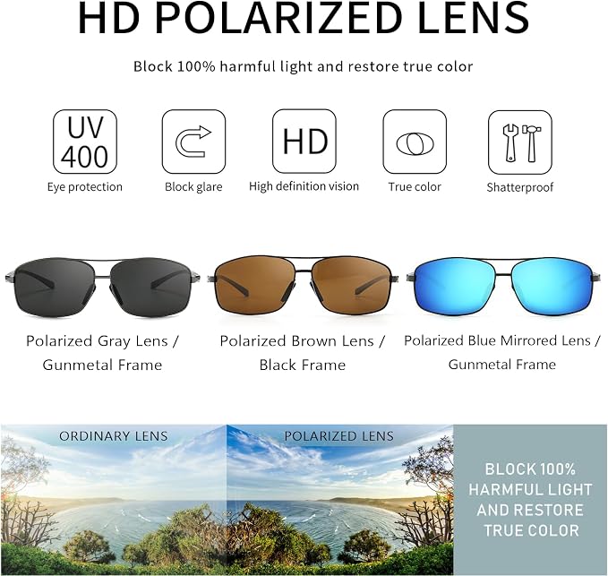 SUNGAIT Ultra Lightweight Rectangular Polarized Sunglasses Men UV400 Protection