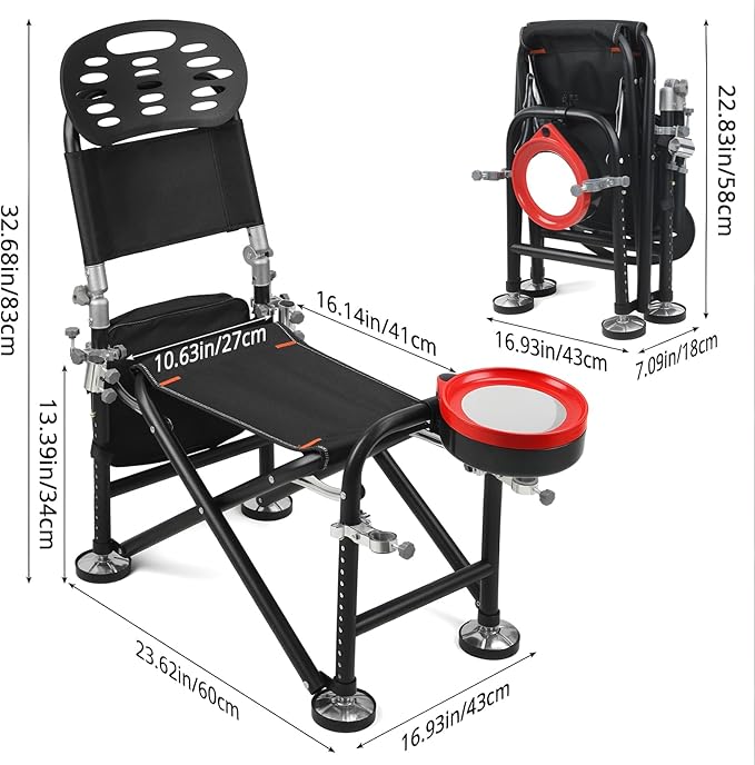Foldable Fishing Chair with 2 Rod Holders & Iron Frame, Heavy Duty 300lb Portable Adjustable Camping Chair for Bank Fishing Outdoor Adventures Black