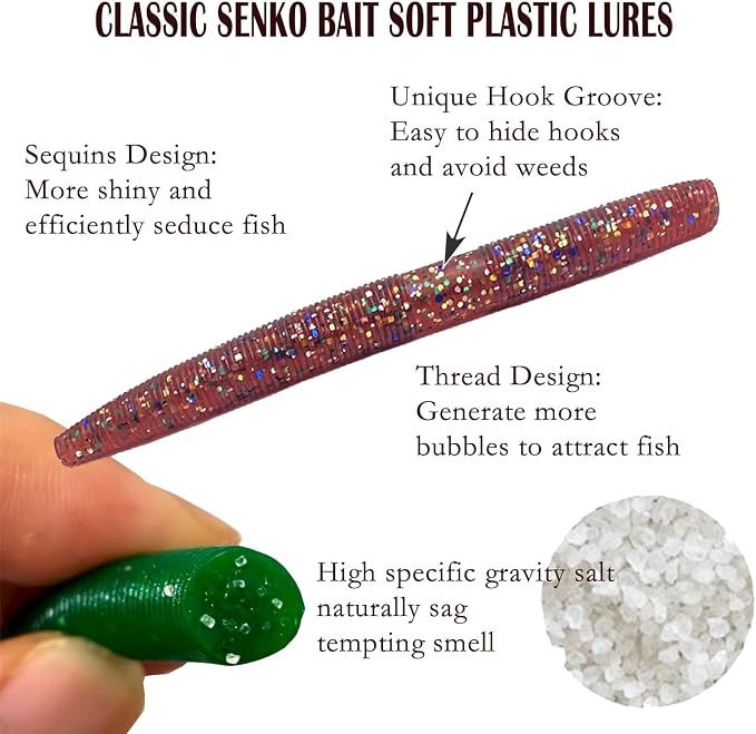 Senko Bait Soft Plastic Lures 20pcs - 4inch Wacky Rig Worms for Bass Fishing, 5-Color Mix Soft Stick Baits for Wacky & Carolina Rig Fishing