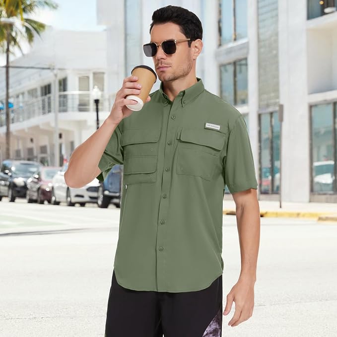 Bassdash UPF 50 Men’s Fishing Dress Shirt Button Down Woven Short Sleeve Outdoor