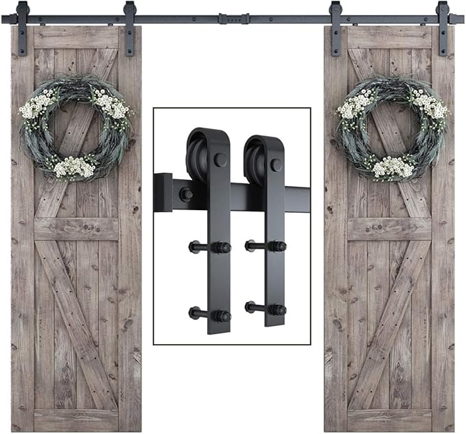 SMARTSTANDARD 7 FT Double Barn Door Hardware Kit, Sliding Door Track-Smoothly and Quietly -Includes Detailed Installation Fit 21" Wide Doorpanel (J Shape Hanger) Black