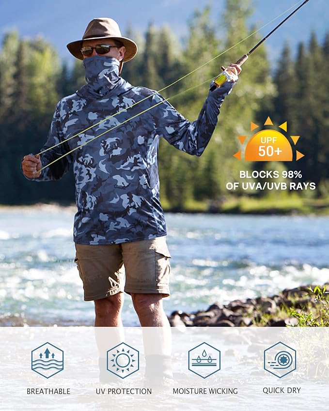 FISHEAL Men's Performance Fishing Hoodie Shirt - UPF 50+ Sun Protection Long Sleeve Thumbholes Shirts with Neck Gaiter