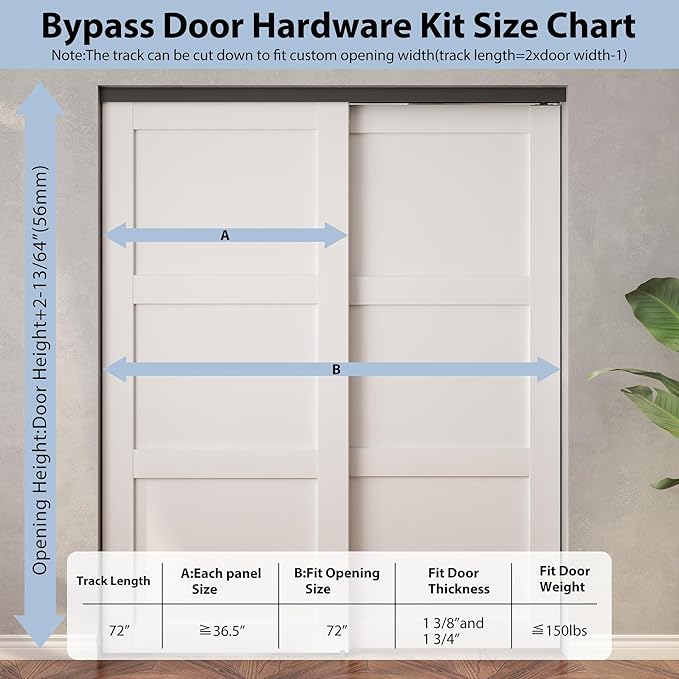Sdstone Heavy Duty Bypass Door Hardware 72"/6FT,Aluminum Sliding Closet Door Track Hardware for Cabinet Closet, Pocket Door Track Rail Set for 2 Door System,Smoothly and Quietly,Black