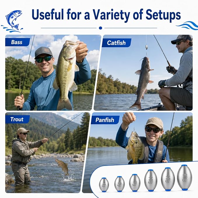 Egg Sinkers Fishing Weights Kit, 40/62pcs 6/7 Sizes Egg Sinker Assortment 1/8-1 oz, Slip Sinkers for Saltwater Freshwater Bass Catfish Fishing, Smooth Bore Lead Sinkers Weights with Tackle Box