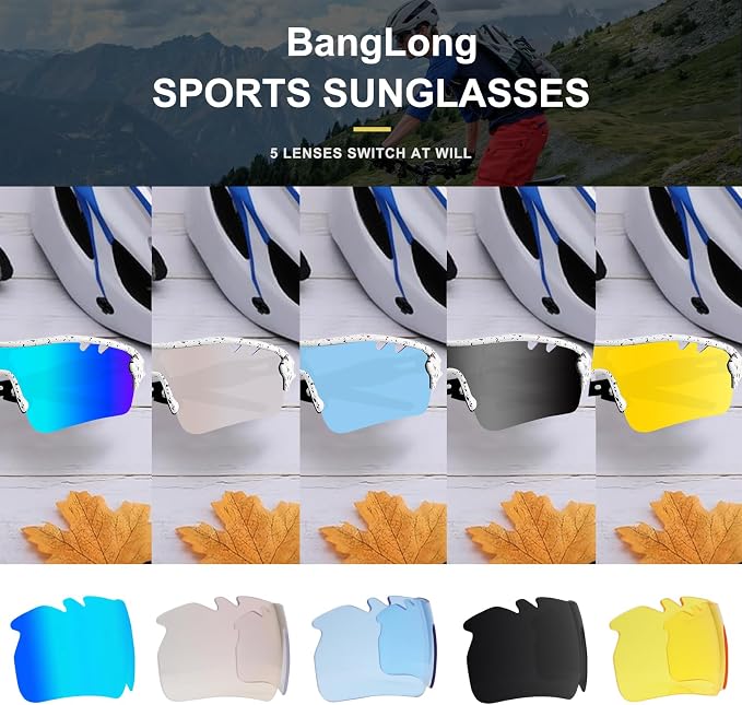 BangLong Polarized Cycling Sunglasses for Men Women, 26g Sports Sunglasses with 5 Lenses for Running Fishing Baseball Driving