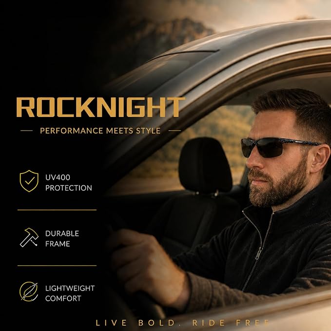 ROCKNIGHT Polarized Rectangular Sunglasses for Men Driving UV400 Protection Lightweight Al‑Mg Frame