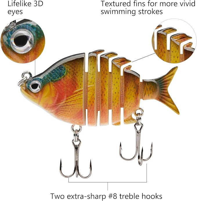 Bassdash SwimPanfish 0.34oz Hard Swimbaits Multi Jointed Topwater Trout Bass Fishing Crank Lure for Freshwater and Saltwater