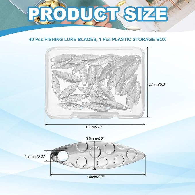 PATIKIL Fishing Lure Blades, Round Fishing Spinner Baits Willowleaf Lure Spinner Lure Making Part with Plastic Storage Box for Bait Fishing Accessories