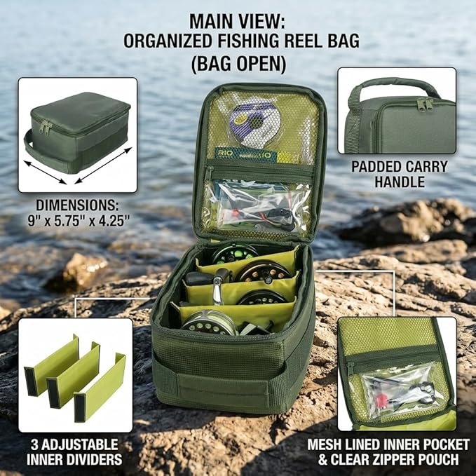 Fishing Tackle Bag Waterproof Fishing Bags Portable Fishing Reel & Gear Bag with 3 Adjustable Dividers for Spinning Baitcasting Fly Reels (Army Green)