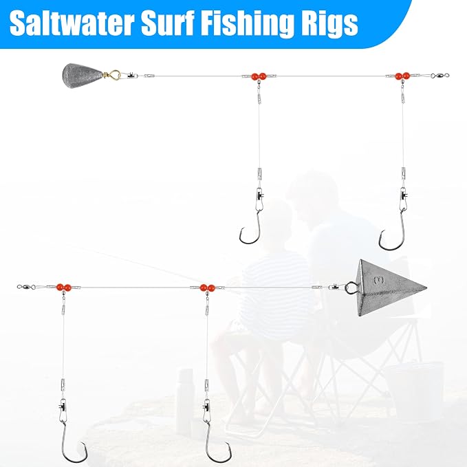 Saltwater Surf Fishing Tackle Kit - Saltwater Surf Fishing Rigs Bottom Rigs Include Fishing Leader Rigs Pyramid Sinkers Bass Casting Sinker Circle Hooks for Striped Bass Red Drum Flounder