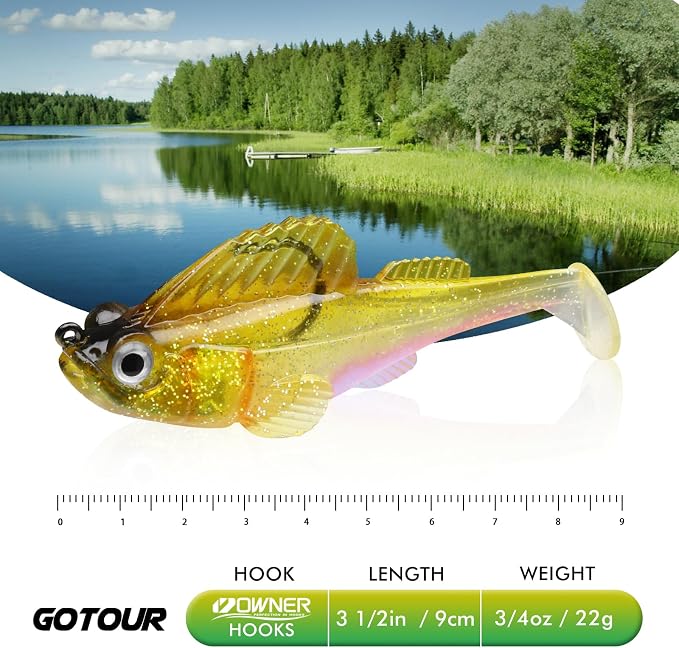GOTOUR Pre-Rigged Soft Fishing Lures with Weedless Hook, Lifelike Paddle Tail Swimbaits for Bass Fishing, Freshwater & Saltwater Fishing Bait, Fishing Tackle for Bass, Pike, Trout, and Walleye