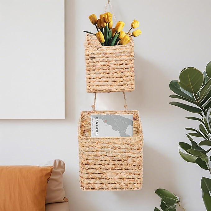 2-Tier Wall Hanging Wicker Water Hyacinth storage baskets Set,Woven Rustic Natural Farmhouse Door Baskets Organizer for decor,Kitchen Pantry, Home Office, Entryway, Bathroom