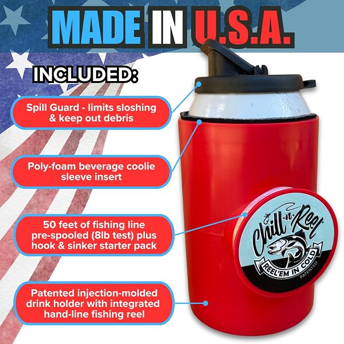 Made in USA | Fishing Can Cooler | Top Camping Essentials, Boat Gifts, Kayak Accessories, and Lake Float Gadget | Great Camper Must Haves | Fun Fishing Gift | Retail Box Packaging | Red
