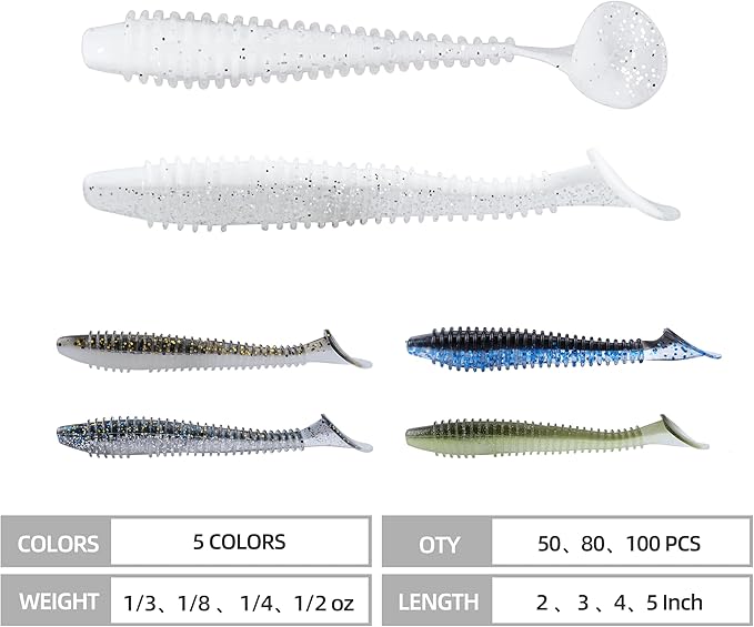 Paddle Tail Swimbaits 100/80/50PCS, 5/4/3/2 inch Soft Fishing Lures Bulk Pack – Durable Lifelike Action Lures for Bass, Trout, Crappie – Freshwater & Saltwater Fishing Gifts
