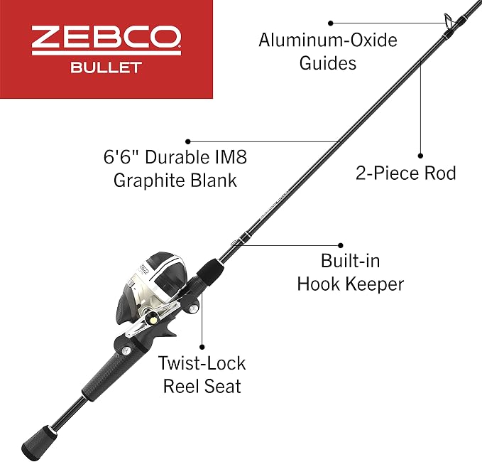 Zebco Bullet MG Spincast Reel and Fishing Rod Combo, IM8 Graphite Rod with MaxTac Grip Rod Handle, Fastest Spincast Reel Ever in an Ultra-Lightweight Magnesium Body, Dark Silver