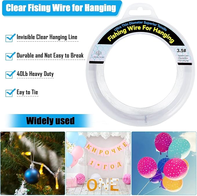 Clear Fishing Wire, Monofilament Fishing Line, Clear String for Hanging, Invisible Strong Wire Nylon Thread for Hanging Balloon Garland Picture Decorations
