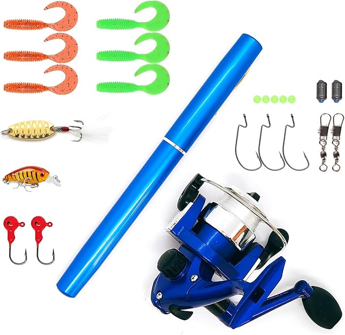 Portable Small Pen Fishing Rod Spinning Reel Combos, 38" 55" Compact Telescopic Fish Pole Kits for All Season Fishing in Rivers, Lakes, Ice, etc.