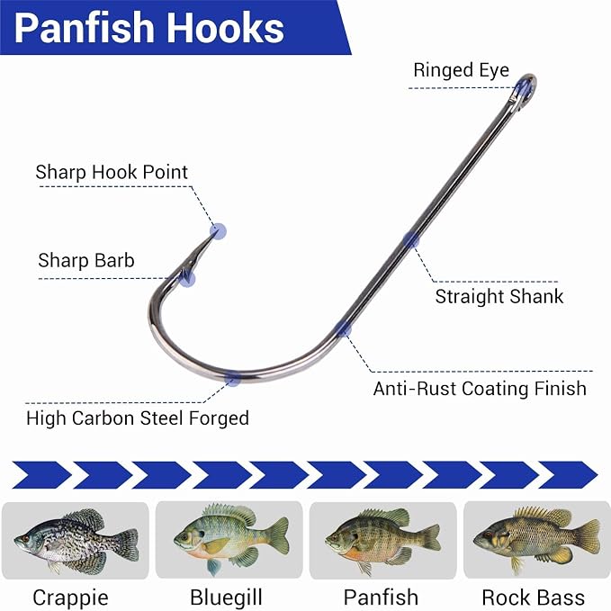 200Pcs Panfish Fishing Hooks Freshwater, Light Wire Crappie Hooks Straight Shank Aberdeen Hook for Bluegill Small Bass 5 Sizes Assorted 6# 4# 2# 1# 1/0