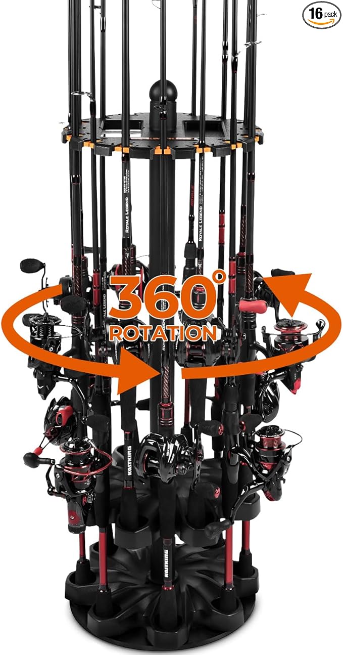 KastKing V16 Rotating Fishing Rod Holder for Garage, Floor Rack Holds Up to 16 Rods & Combos, Space-Saving Pole Organizer with Foam, Durable ABS, Fishing Gear Storage Gift for Men