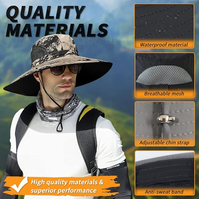【Oversize XXL&Wide Brim】 Sun Hats for Men, 【UPF50+Waterproof】 Fishing-Hat Boonie Bucket for Hiking Safari Beach Garden