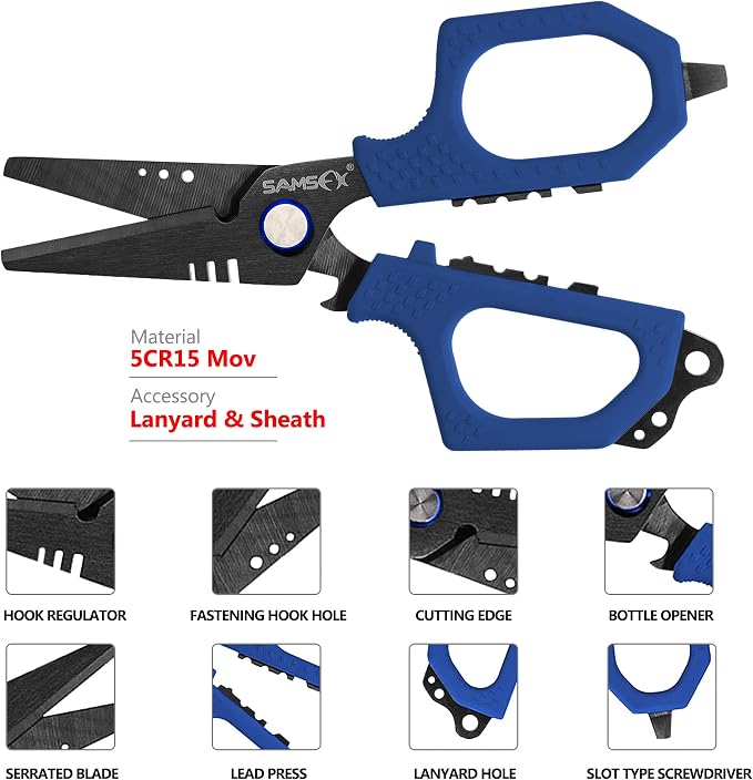 SAMSFX 6.5" Pro Fishing Shears Dual Serrated Blades, Fishing Braided Line Scissors with Titanium Coating, Non-Slip Grip & Multifunction Tool, Includes Hard Molded Locking Sheath & Coiled Lanyard