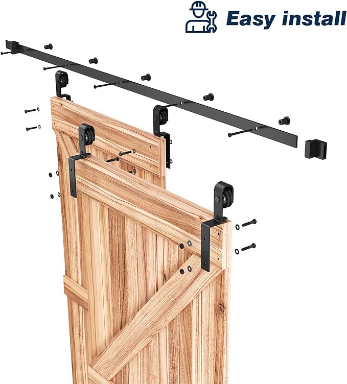 EaseLife 10 FT Bypass Double Sliding Barn Door Hardware Kit,Single Track, Slide Smoothly Quietly,Easy Install (10FT Track Kit for Double 65" Wide Door)