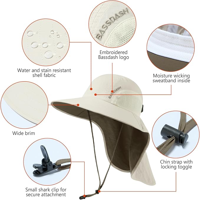 BASSDASH UPF 50+ Unisex Water Resistant Wide Brim Sun Hat with Large Neck Flap Ponytail Fishing Hat for Men Women