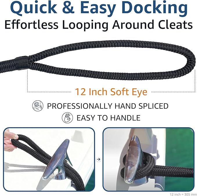 2 Pack 1/2" x 15' Dock Lines - Marine Grade Nylon Boat Rope with 12" Loop for Docking and Mooring - Double Braided Boat Lines, High Strength, Easy Handling, Fray Resistant - Black