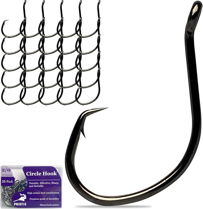 Pristis 25 Pack High Carbon Steel Fishing Hooks, Reinforced EWG Circle Octopus Round Bend 60 Degree Wide Gap Strong Barbed Worm Fish Hook Jig Bait Rig for Saltwater Freshwater Bass Tuna Walleye Trout