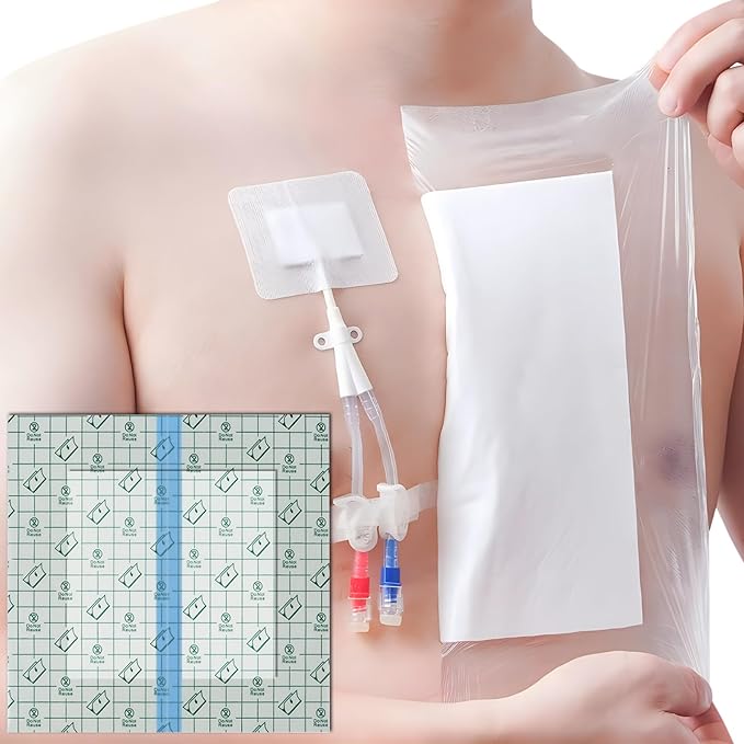 Waterproof Shower Cover Shields Dialysis Port Picc Line Chest Catheter PD Peritoneal Dialysis Chemo Non-Stick Center Pad for Feeding Tube Peg G-Tube Patient Bandage Protector, 10"x10"(Pack of 25)