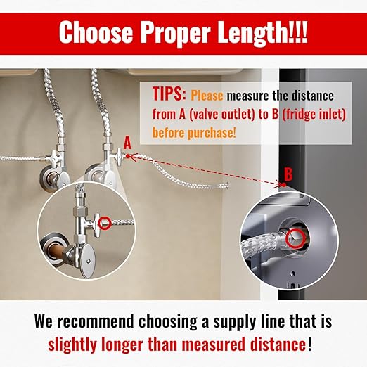 SUNGATOR 2 Feet Refrigerator Water Line, 1/4" Comp X 1/4" Comp Ice Maker Hose, 2 Feet Stainless Steel Braided Ice Maker Water Supply Line with A Wrench and Sealing Tape (1 Pack)