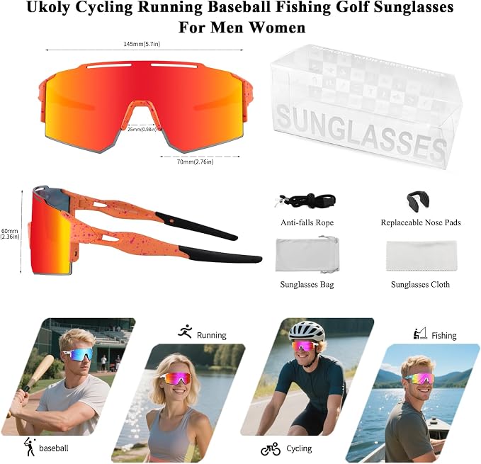 Ukoly Cycling Sunglasses for Men Women with 3 Interchangeable Lenses, Polarized Sports Sunglasses, Baseball Sunglasses
