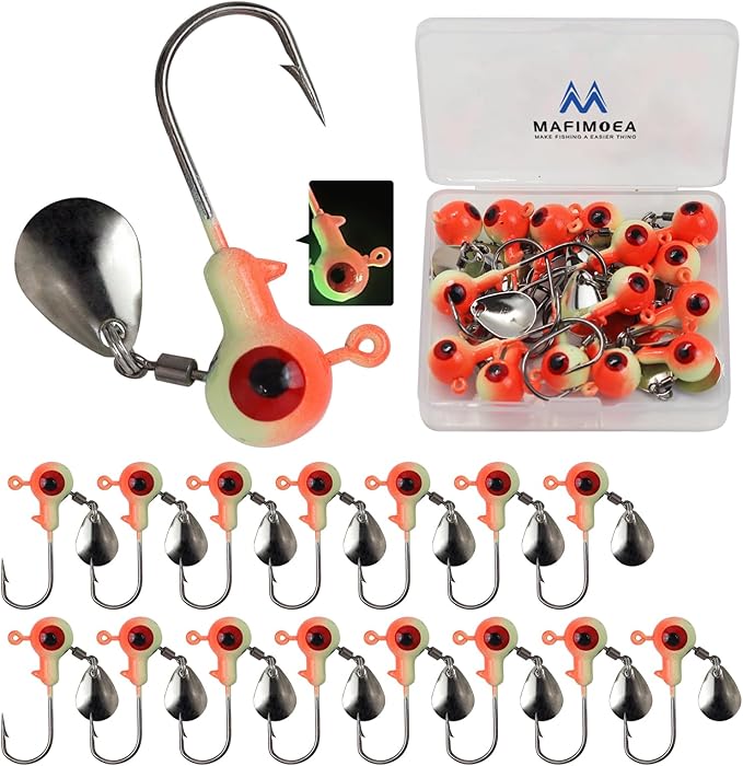 15/20/30Pcs Underspin Jig Heads with Spinner Fishing Jig Heads Hooks Set Crappie Jigs Fishing Jig Hooks Assortment Saltwater Freshwater Bass Crappie Trout Glow in The Dark…