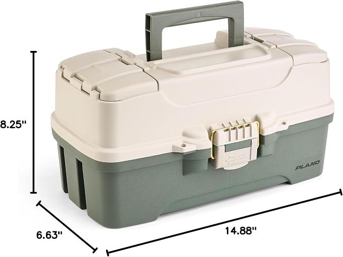 Plano Three-Tray Tackle Box, Green/Tan, Rust-Proof Brass Latch, Top-Access Tray with Deep Storage, Made in the USA, Portable Fishing Gear Storage Organizer